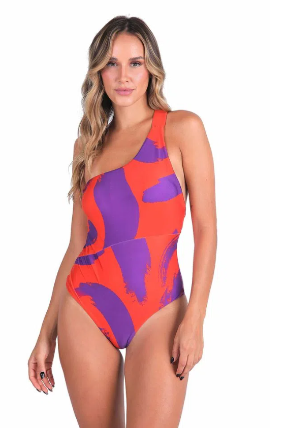 RED WITH PURPLE SWIMMING POOL ONE SHOULDER WITH CUT OUTS