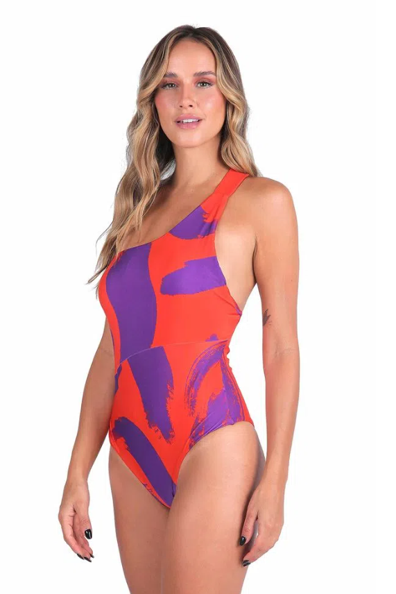RED WITH PURPLE SWIMMING POOL ONE SHOULDER WITH CUT OUTS